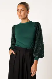 [PUP83] Rowan Sequin Sleeve Top - Green S Green