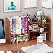 Dreamhousey Desk Corner Solid Wood extendable Bookshelf, Desktop Shelf countertop Rack Storage Shelf Multi-Layer Office Bookcase File Organizer (Brown), 2-Tier