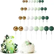 Set of 32 Ball Cake Topper,cake disco balls Decorations Mini Balloons Cake Topper Sticks Foam Balls Cake Picks for Wedding Party Birthday (Green White Gold)