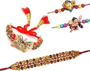 [Forty Wings] Rudraksh Beads Rakhi With Bhabhi Bangle Lumba Chuda Rakhi And 2 kids Rakhi Set Of 4 Rakhi Family Combo, L, Metal, Pearl