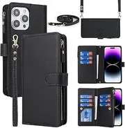 Cavor for iPhone 15 Pro Case 6.1 inch PU Leather Folio Flip Wallet Back Cover Magnetic Case with Long Shoulder Lanyard Zipper Coin Purse 9 Card Holder Kickstand Wristlet Strap-Black