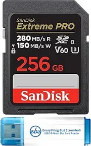 SanDisk 256GB Extreme PRO SDXC UHS-II Memory Card Works with Sony a7CR, a7Cm2, a6700 Mirrorless Cameras (SDSDXEP-256G-GN4IN) V60 U3 Bundle with (1) Everything But Stromboli 3.0 Micro & SD Card Reader