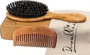 Boar Bristle Hair Brush Set for Women and Men - Designed for Thin and Normal Hair - Adds Shine and Improves Hair Texture - Wood Comb and Gift Bag Included (Black)