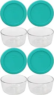 [Pyrex] (4 7202 1-Cup Glass Bowls and (4) 7202-PC 1-Cup Turquoise Lids Made in the USA