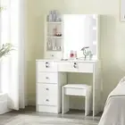 Vanity Makeup Desk With LED Mirror And Stool Set Dressing Table Large 6 Drawers