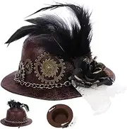 Steampunk Hat, Mini Top Hat Halloween Steampunk with Gears, Chain Black Rose and Feathers, Mini for Women Headwear Cosplay Halloween Masquerade