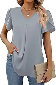 [Funlingo] Women's 2023 Summer Dressy Chiffon Blouses V Neck Petal Short Sleeve Tunic Tops Casual Shirts