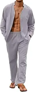 [HanzhuoLG] Men's Cotton Linen Tracksuit Set Solid Color Fashion Loose Stand Collar Long Sleeve Shirt & Pants Two Piece Set Small Gray