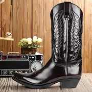 Men's Classic Brown Faux Leather Western Cowboy Boots - Embossed Pattern, Pointed Toe, and Mid-Heel for Rodeo, Ranch, and Casual Wear