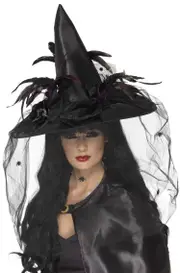 Elaborate Black Satin Feathered Witch Hat with Veil