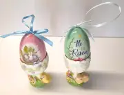 Easter Egg Cups Set of 2 Porcelain Rabbit Chick Delicate Flowers w/Eggs New Box