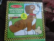 Melissa & Doug 6 Scenes Wooden Cube Puzzle Dog Cat Fish Bunny Fish Turtle NEW