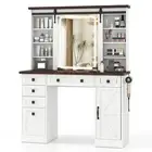 Farmhouse Vanity Desk w/ Sliding Mirror Makeup Vanity Table w/ 3 Lighting Modes