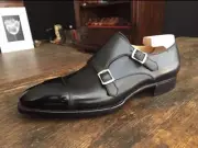 Handmade Men's Cowhide Leather Black Double Monk Cap Toe Formal Dress Shoes