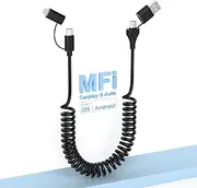 4 in 1 USB C and Lightning Cable [MFi Certified]60W Fast Charging & Data Sync Apple CarPlay & Android Auto,Coiled Multi Charging Cable Combo Lightning/Type C/USB A Ports for iPhone/Android/iPad/Laptop