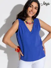 Pour Moi Blue Maya 100% Cotton Slub Jersey Built Up V-Neck Vest (B92000) | $58