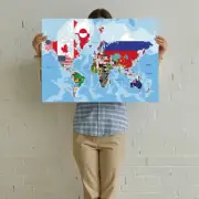 World Map With Flag 84*59cm Wall Poster Geography Educational For Home Classroom