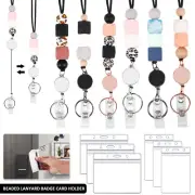 9Pcs Badge Holder and Lanyard Set Cute Beaded Retractable Lanyard with njOCc