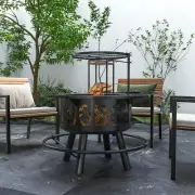 Outsunny Fire Pit BBQ Grill with Poker, Wood Burning Firepit, Black