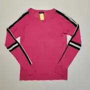 $178 NEW Pure Amici 100% LINEN Knit Crewneck Women's LARGE Pink Black Striped