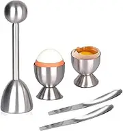 Egg Cutter Topper Set, 5 pcs Stainless Steel Egg Opener Egg Whacker Poached Egg Separator Egg Cracker Tool for Soft & Hard Boiled Eggs (2 Egg Cups+2 Flat Egg Spoons+1 Egg Topper Cutter Shell Remover)