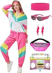 [Coseaon] 80s Tracksuit for Women Retro Windbreaker Outfit 90s Color Block Sportswear Set with Jacket Sweatpants
