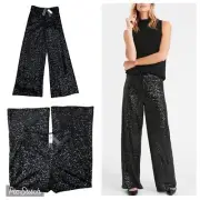 NWT Banana Republic Black Sequin Wide Leg Pants Sz Small Elastic Waist High Rise