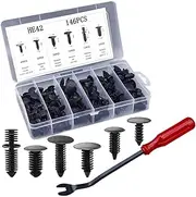 146PCS Auto Body Shield Retainer Fastener Clip Assortment Kit, 6 Popular Sizes Nylon Fenders Bumper Clips with Fastener Remover, Blind Rivets Double End Xmas Tree Retainer Rocker Moulding Clips