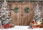 Felortte 7x5FT Polyester Fabric Winter Christmas Rustic Barn Wood Door Photography Backdrop Xmas Tree Snow Background Banner for Family Holiday Party Decoration Supplies Photo Studio Props Pictures