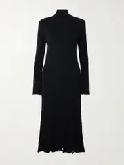 [Balenciaga] Balenciaga - Distressed Ribbed-knit Turtleneck Midi Dress - Black - XS XS Black
