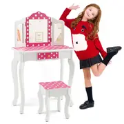 Babyjoy Kids Vanity Table & Stool Set 2-in-1 Makeup Dressing Table w/Tri-folding Mirror Writing Desk Pink