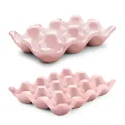 Ceramic Egg Tray 12 + 6 Cups Egg Holder Container for Refrigerator (Pink)