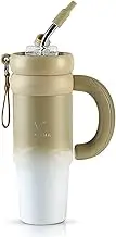 V ALPHA Travel Mug - Stainless Steel Double-Wall Insulated Tumbler with Handle and Straw for Hot & Cold Drinks - Leakproof Push-Lid Tumbler with Lid and Straw for Travel, Work, Outdoor (Honey Beige)