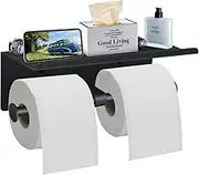 Bjiotun Toilet Paper Holder with Shelf, Toilet Paper Holder Wall Mounted Toilet Paper Storage, Double Roll Tissue Holder Dispenser Bathroom Toilet Paper Holder (Matte Black)