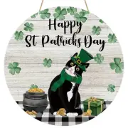Happy St Patricks Day Cat Door Sign Shamrocks Clovers Tuxedo Cat Wood Door