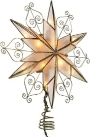 Kurt Adler 10-Light 6-Point Capiz Star Treetop with Scroll Design 9in, Gold