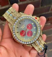 ICED HIP HOP GOLD PT TRENDY CHRONOGRAPH RED DIAL BLING-ED OUT STYLISH WATCH
