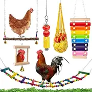 Fizocosisto 6Pcs Chicken Toys Set Chewing Foraging Toys Parrot Playing Training Toys with Wood Swing Fruit Vegetable Hanging Feeder Xylophone Mirror Bell Ladder Toy for Chicken Parrots Birds US