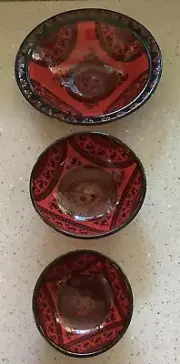 Moroccan/Turkish Style Hand Made Nesting Bowls, Red & Blk, Intricate Design
