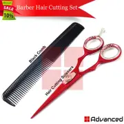 Professional Barber Scissors 6" Red Color Hairdressing Shears With Black Comb