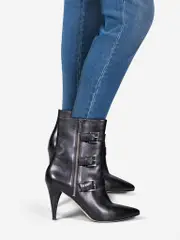Black Leather Buckle Side Zip Boots