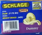 SCHLAGE F170 V PLY 605 Plymouth Bright Brass Dummy Knob Non Turning Doorknob NEW