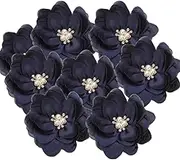 uxcell 3.15 Inch Chiffon Flowers, 10 Pcs Fabric Flowers Rhinestone Pearl Large Camellia Sewing Appliques for DIY Crafts Dresses Clothing Headbands Wedding Party Decoration, Navy