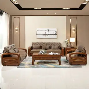 【免運】美雅閣| 全實木沙發組合簡約新中式胡桃木沙發123組合可拆洗布藝客廳家具