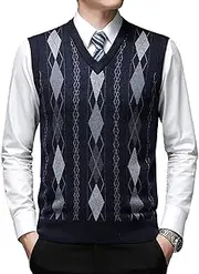 [YOFAB] Men's Wool Blended Cable Knit Vest Sweater Argyle Plaid V Neck Relaxed Fit Sleeveless Pullovers