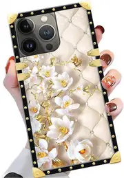 iPhone 15 Pro,A White Flower iPhone 15 Pro Cases for Girls Womens,Luxury Decoration Square Soft TPU Shockproof Protective Hard PC Back for 6.1 inch