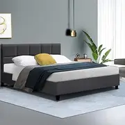 Artiss Queen Bed Frame Platform Checkered Headboard Wooden Beds Base Frames Bedroom Room Decor Home Furniture, Upholstered with Charcoal Faux Linen Fabric + Foam + Wood, Modern Design
