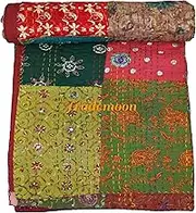 Patchwork Kantha Quilt, Cotton with Silk Vintage Kantha Gudri,Decorative Hand Stitch Bedspread, Throw Blanket Size (King 108" x 108")
