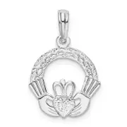 Sterling Silver De-Ani Rhodium-Plated Polished And Textured Claddagh Circle Pendant