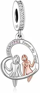 [Mon & Sons] Forever My Friend Love Heart Sisters Charm Bead Pendant 925 Sterling Silver Dangle Compatible With Pandora Charm Bracelet, Metal